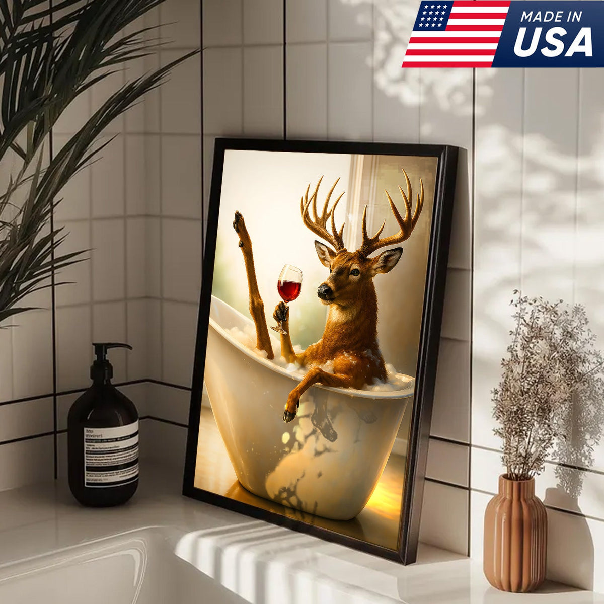 Relaxing Deer in Bathtub Funny Wall Art – Unique Gift for Hunters, Rustic Cabin Decor Canvas