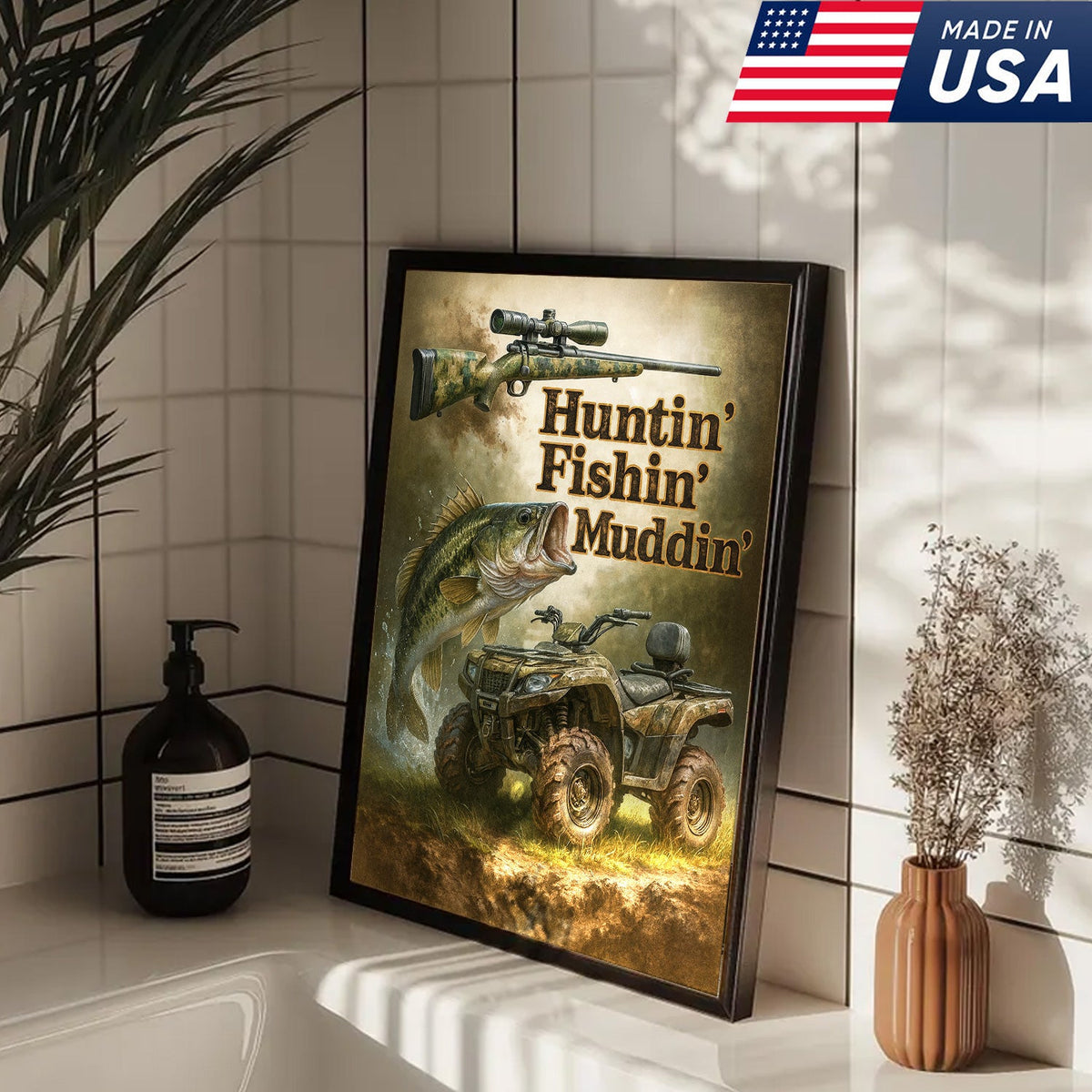 Huntin’ Fishin’ Muddin’ Canvas Wall Art, Deer Hunting and Fishing Decor for Men, Rustic ATV Cabin Artwork