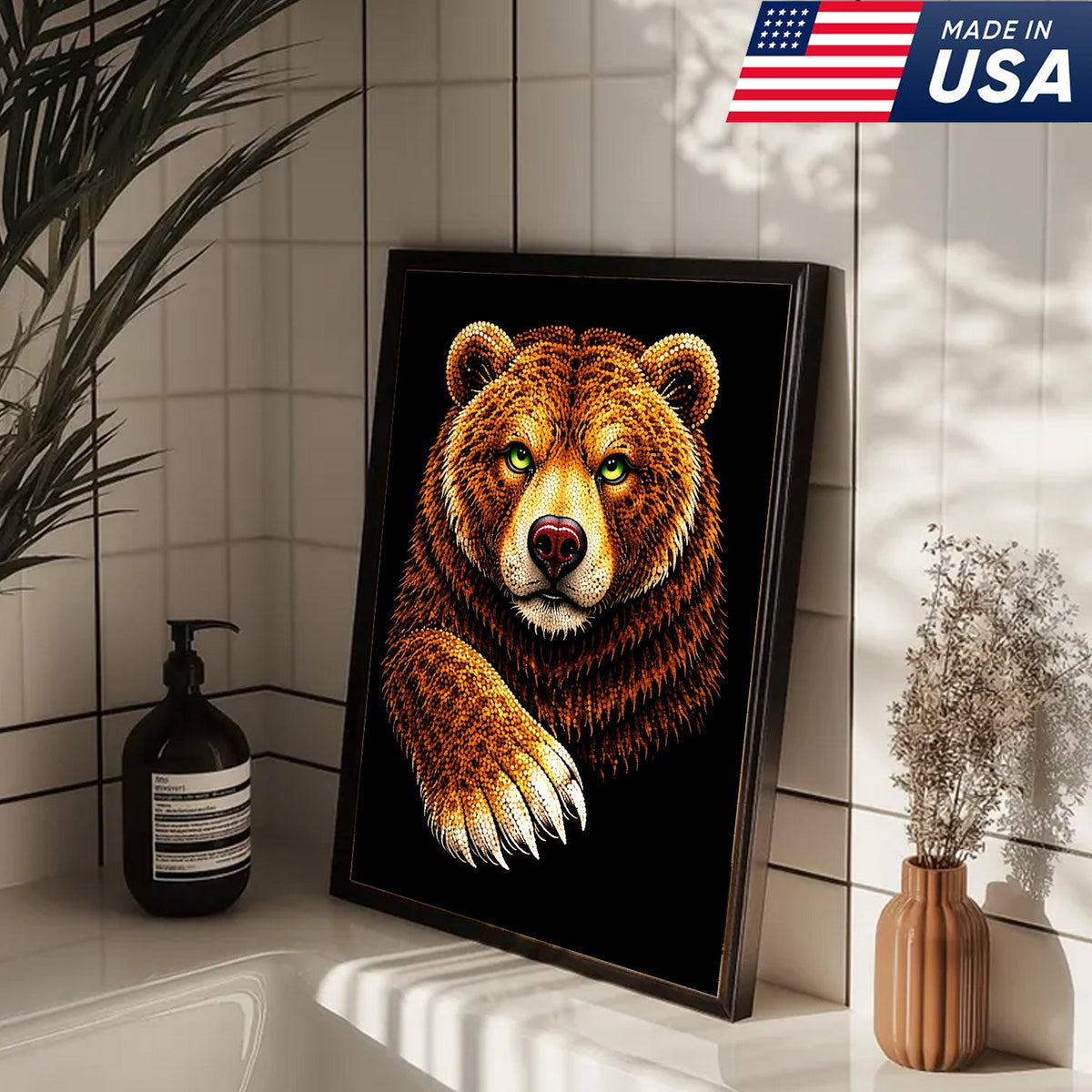 Golden Bear Portrait Canvas Wall Art – Majestic Wildlife Animal Print with Black Background