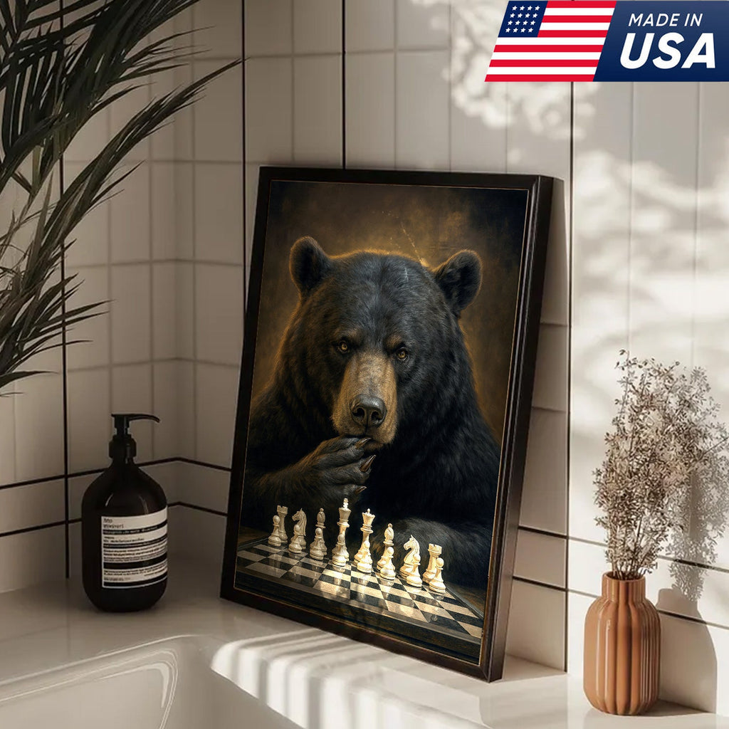 Chess Master Bear Wall Art Canvas – Strategic Bear Canvas Print for Man Cave & Smart Decor