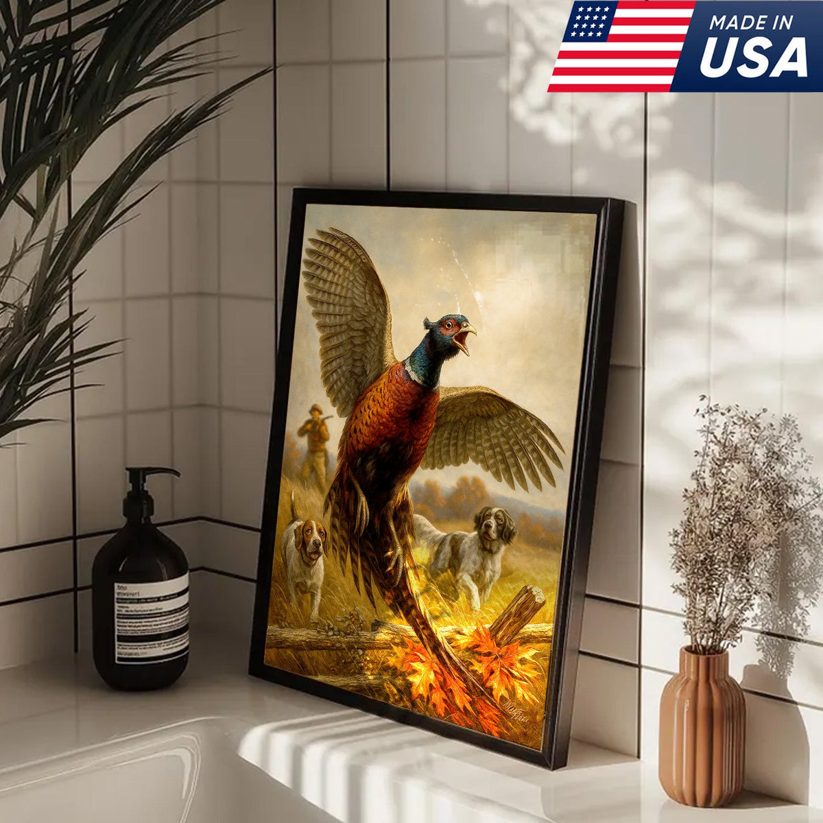 Pheasant Hunting Canvas – Flushing Bird with Pointing Dogs, Cabin & Man Cave Wall Art