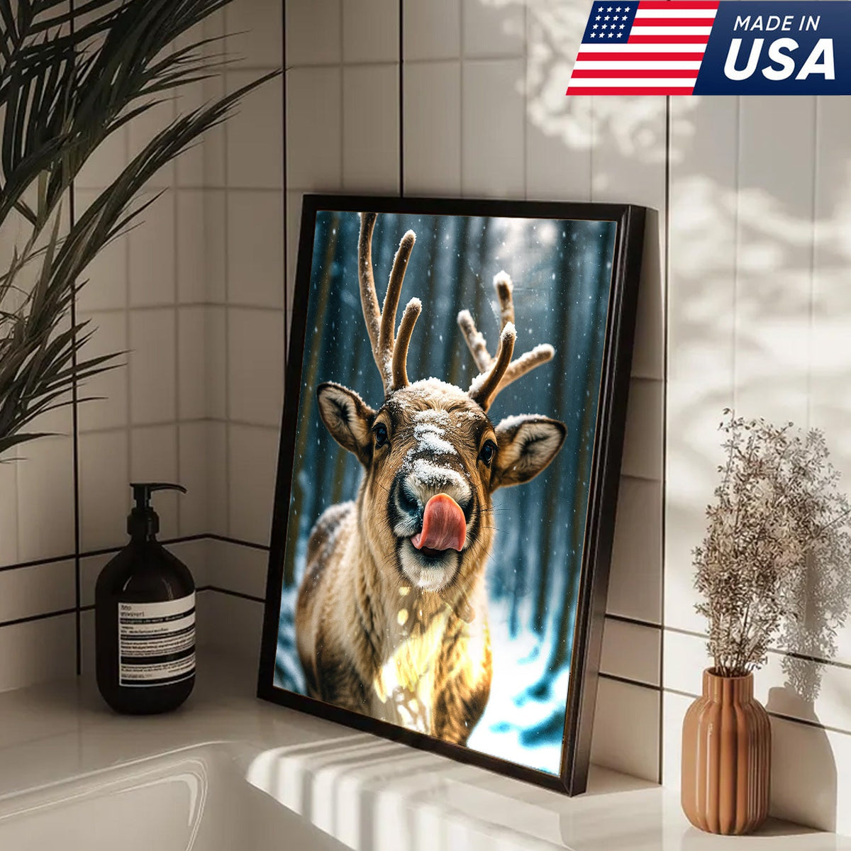 Winter Reindeer Portrait Canvas – Rustic Forest Wall Art for Cabin & Lodge Decor
