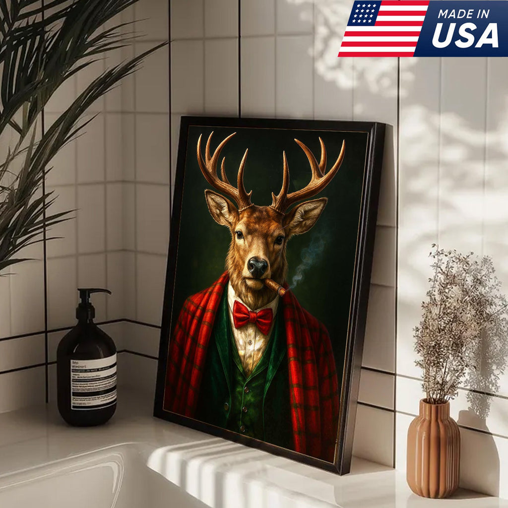 Smoking Deer Wall Art, Gentleman Buck Portrait, Rustic Cabin Decor, Funny Cigar Deer Print
