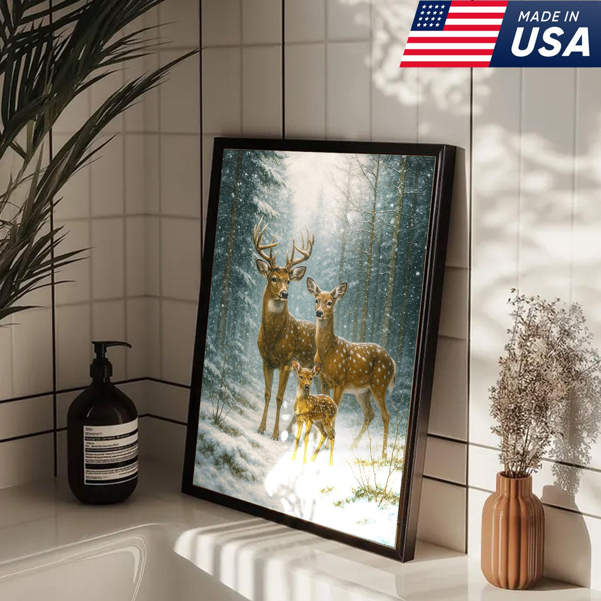 Deer Family Winter Forest Wall Art Canvas – Christmas Wildlife Gift for Nature Lovers & Cabin Homes