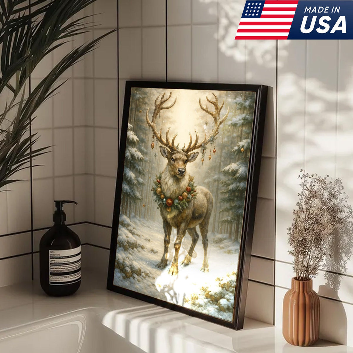 Christmas Reindeer Canvas Wall Art, Majestic Deer with Ornament Wreath in Snowy Forest