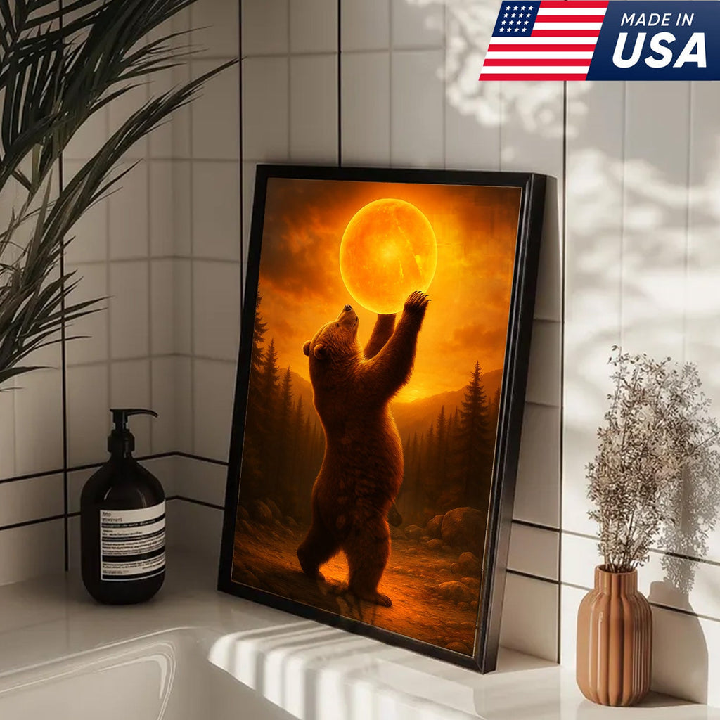 Bear Holding the Sun Canvas Art – Sunset Wilderness Wall Decor for Cabin & Home