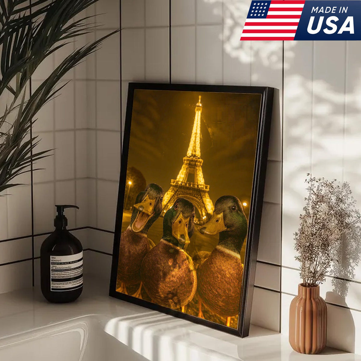 Paris Duck Selfie Canvas – Funny Three Ducks at Eiffel Tower, Hilarious Travel-Themed Wall Art