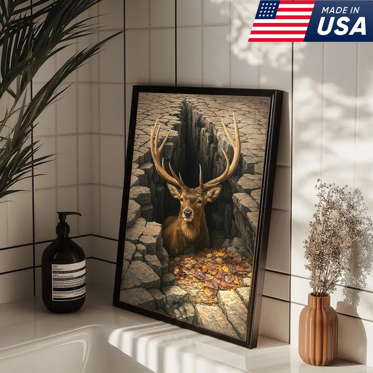 Epic Deer Canvas Art – Majestic Buck Emerging from Cracked Earth
