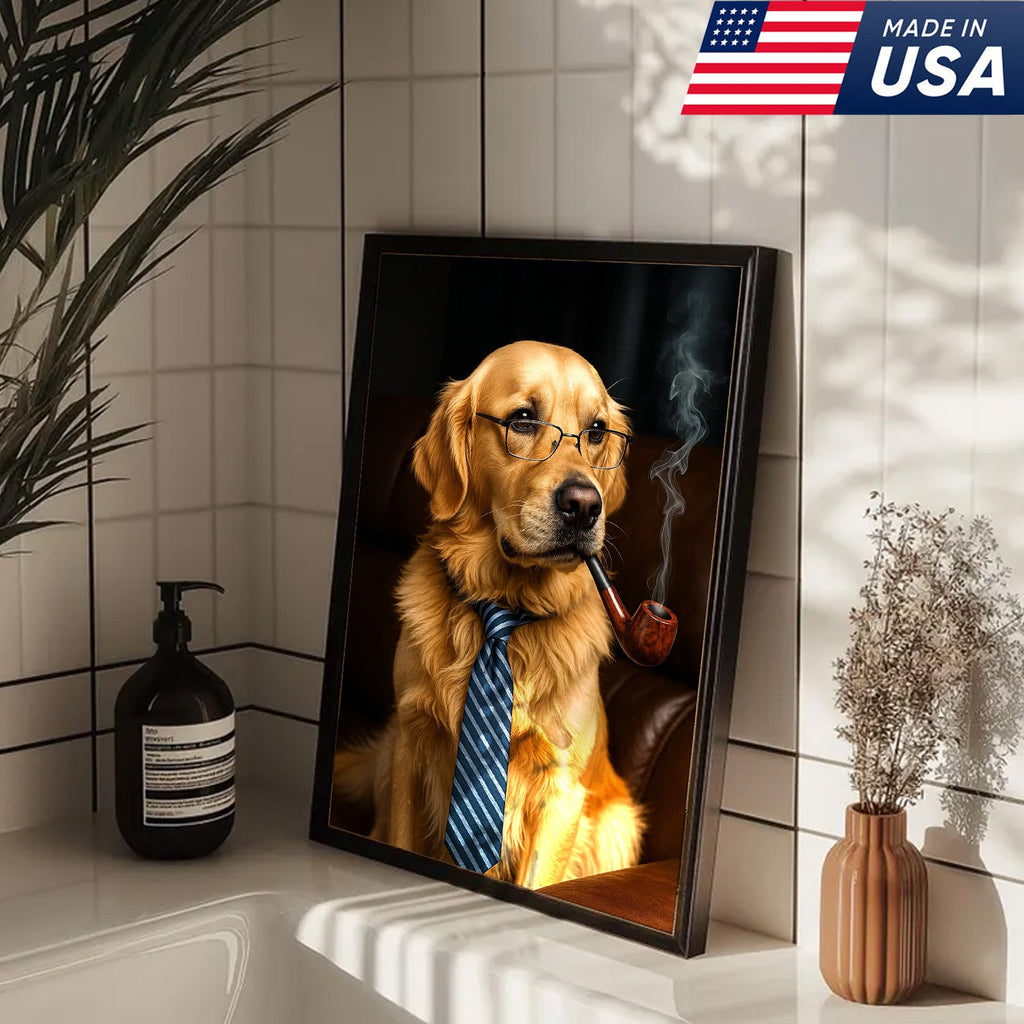 Gentleman Dog Canvas Art – Golden Retriever in Glasses & Tie with Pipe