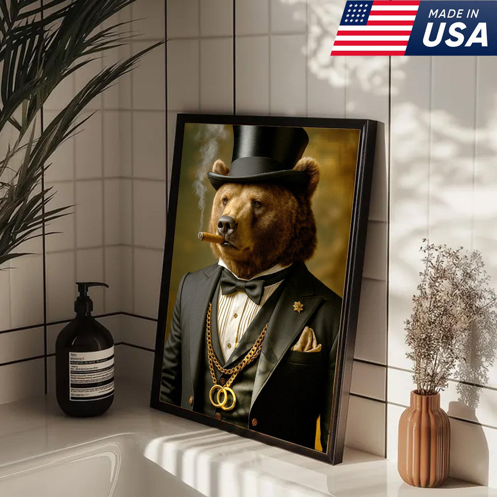 Bear Gentleman Wall Art Canvas – Fancy Suit & Cigar Canvas Print for Home Bar, Man Cave Decor