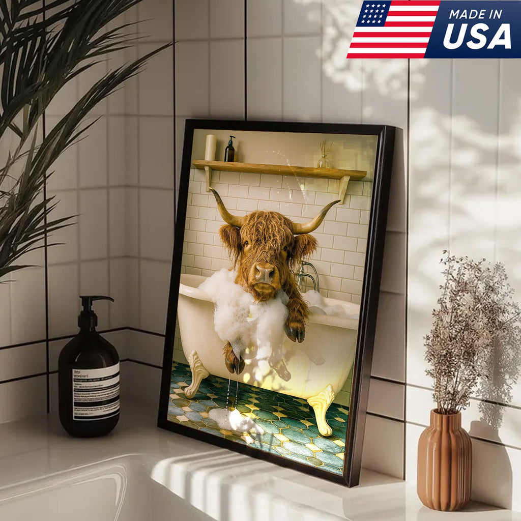 Highland Cow Bubble Bath Canvas Wall Art, Funny Farmhouse Bathroom Decor