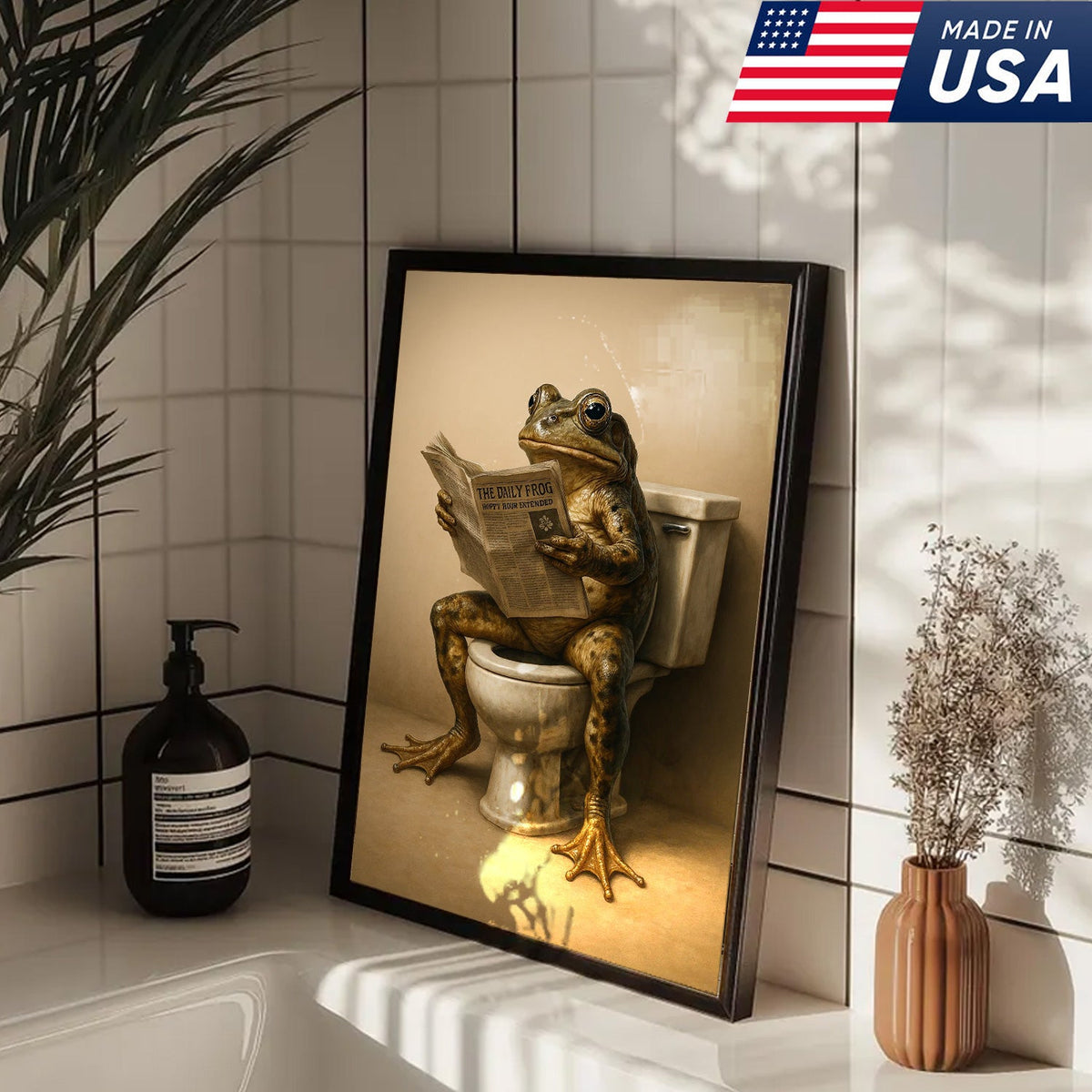 Funny Frog Bathroom Canvas Wall Art, Frog Reading Newspaper on Toilet