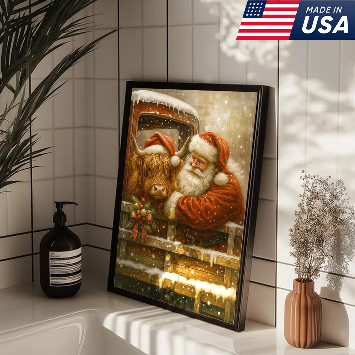 Santa and Highland Cow Christmas Canvas Wall Art, Rustic Farmhouse Holiday Truck Print