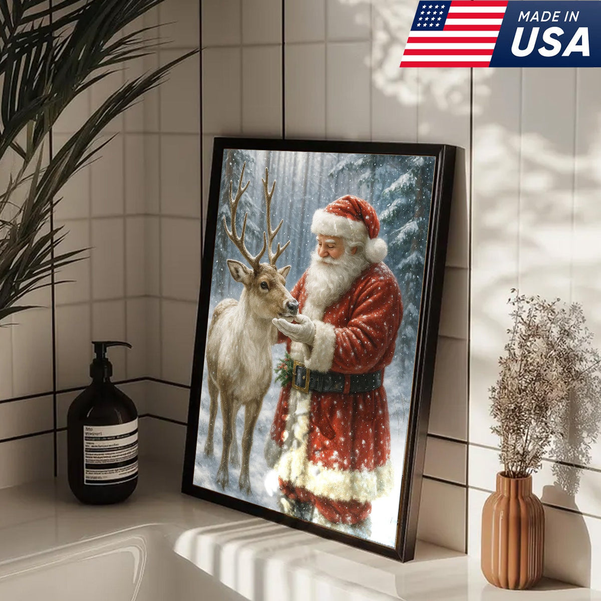 Santa and Reindeer Christmas Canvas Wall Art, Rustic Snowy Forest Holiday Print