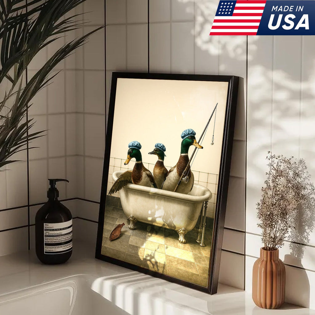 Fishing Ducks Canvas Art – Funny Trio of Ducks in Bathtub with Rod