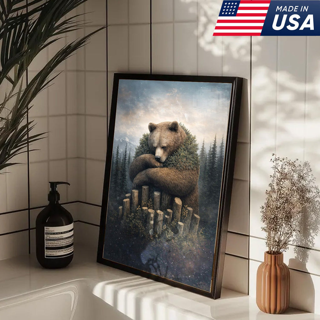 Gentle Bear Forest Canvas Wall Art, Whimsical Nature Bear Illustration