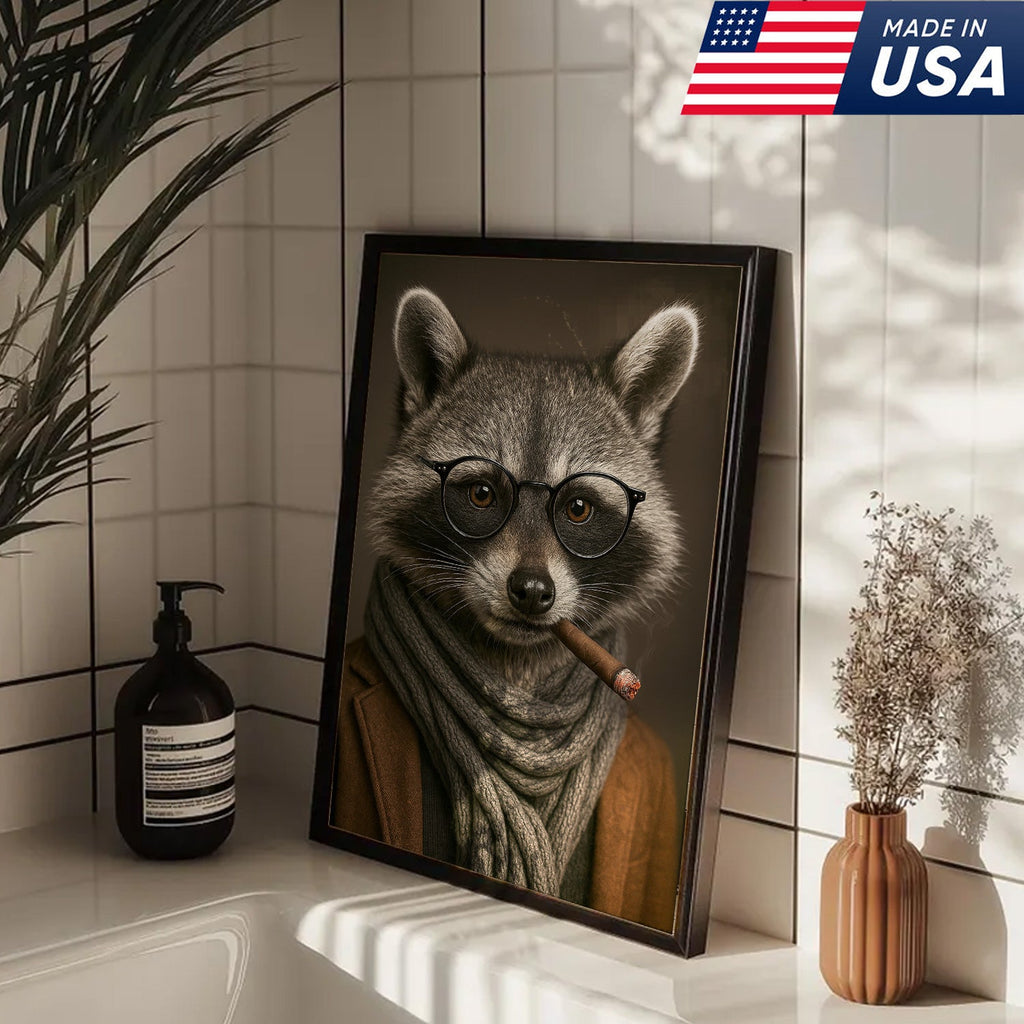 Gentleman Raccoon Cigar Wall Art Canvas – Stylish Animal Portrait for Bar