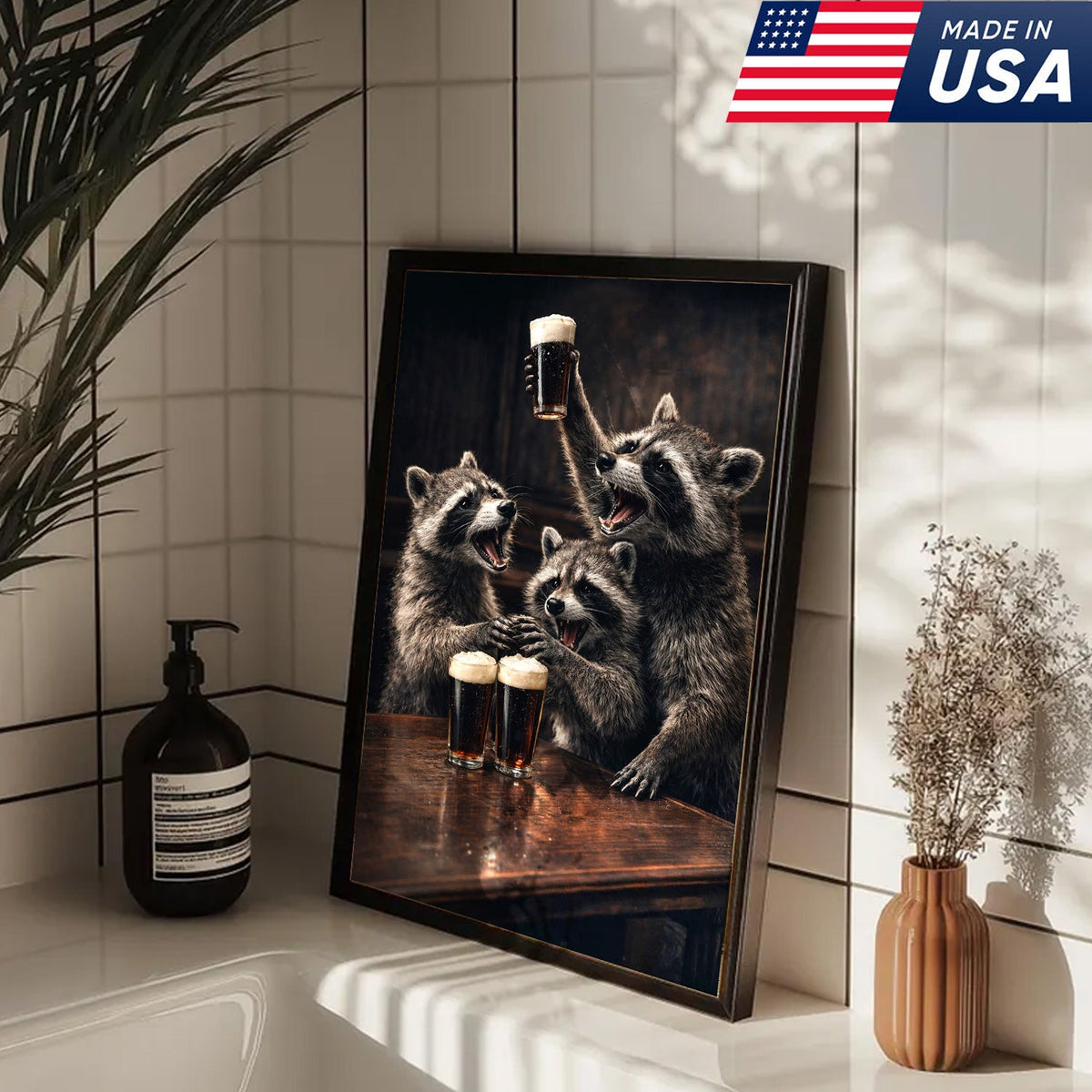 Funny Party Raccoon Wall Art Canvas Print, Wild Friends Celebration Animal Illustration