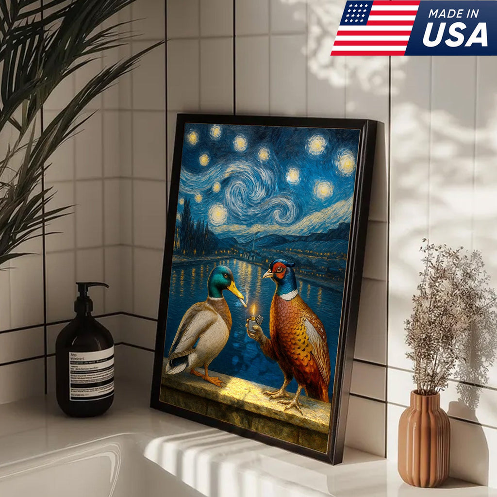 Starry Night Duck and Pheasant Canvas Wall Art, Van Gogh Inspired Wildlife Painting