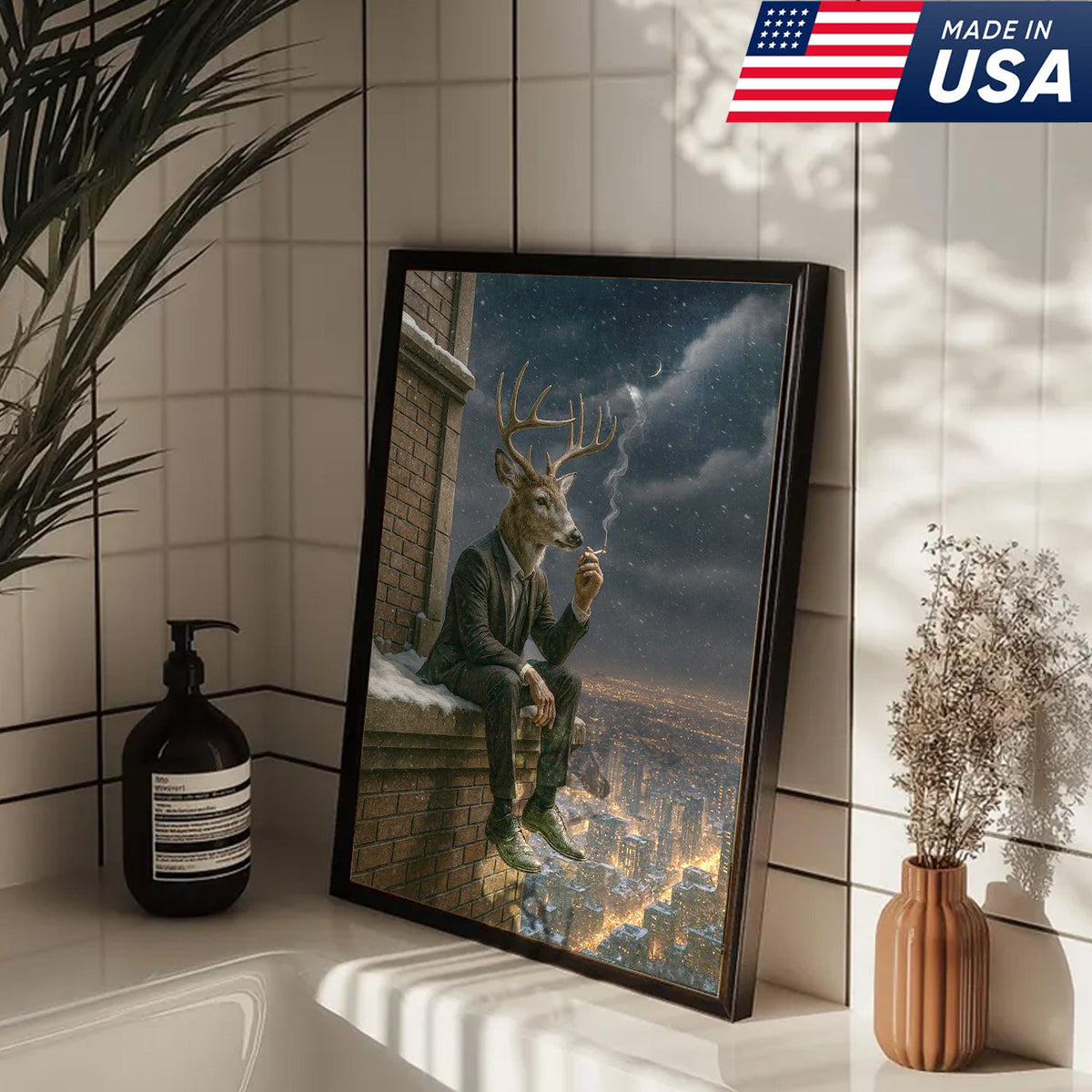 Surreal Deer Man Canvas Wall Art, Anthropomorphic Animal City Night Artwork