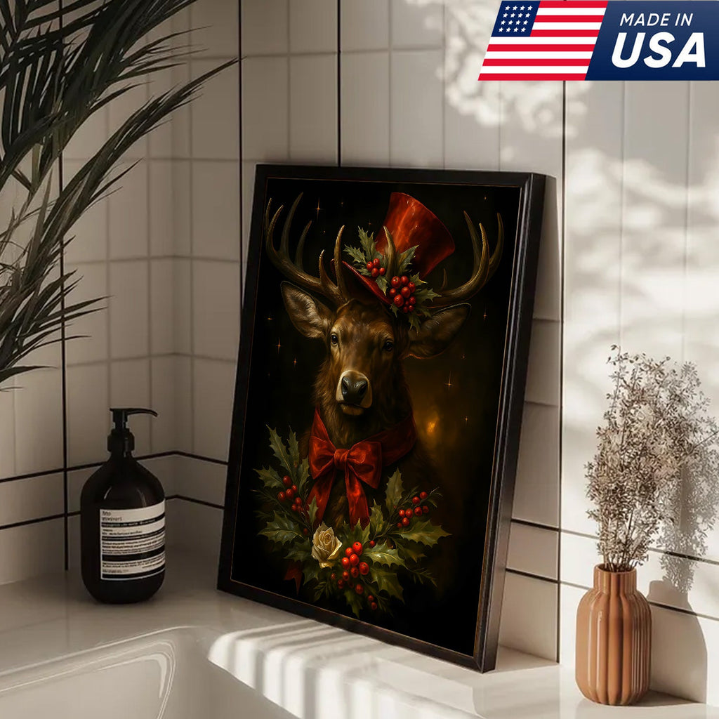 Christmas Deer Canvas Wall Art – Rustic Holiday Decor for Cabin & Lodge
