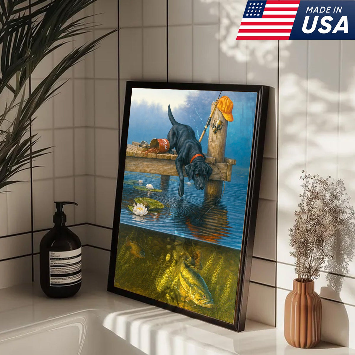 Black Lab Fishing Dock Canvas Wall Art, Lake House Decor, Bass Fish Underwater Split View