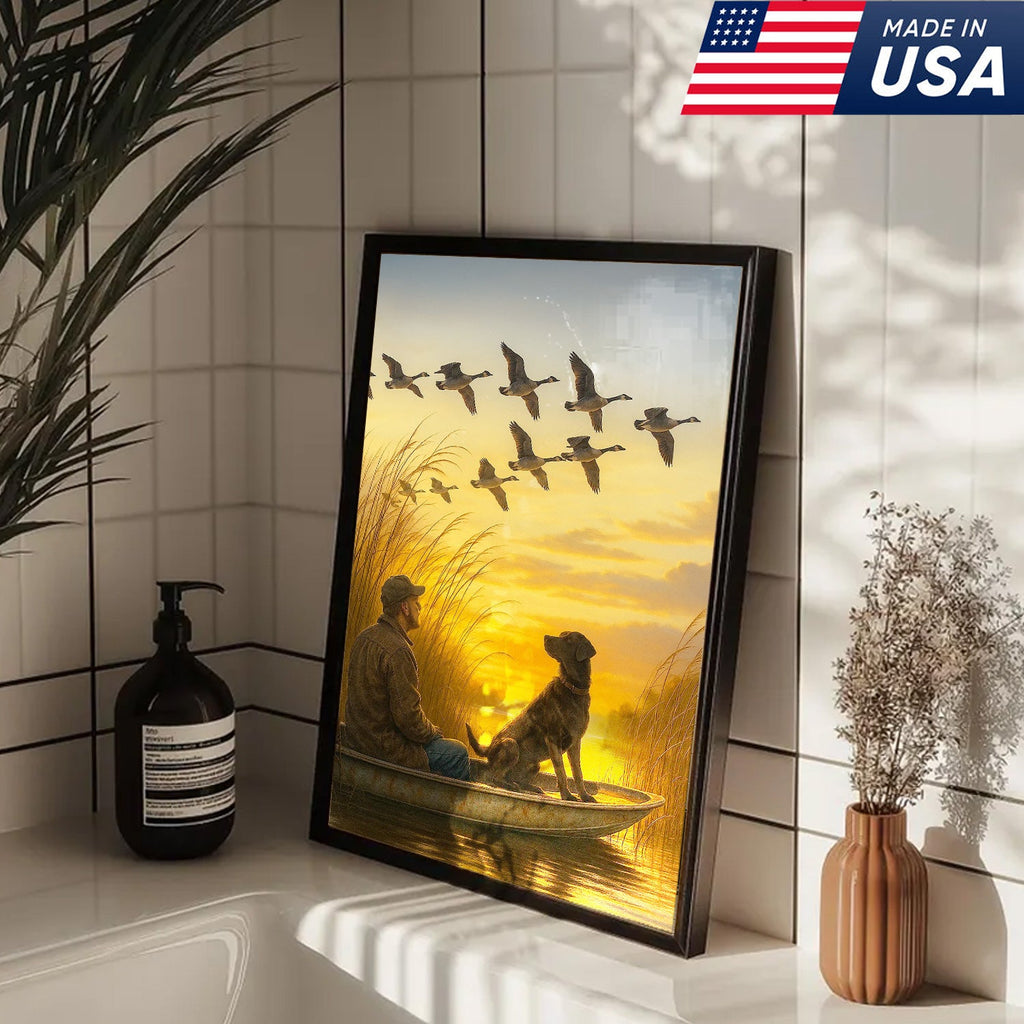 Waterfowl Hunting Wall Art – Duck Flock at Dawn, Hunter & Retriever In Boat, Rustic Decor