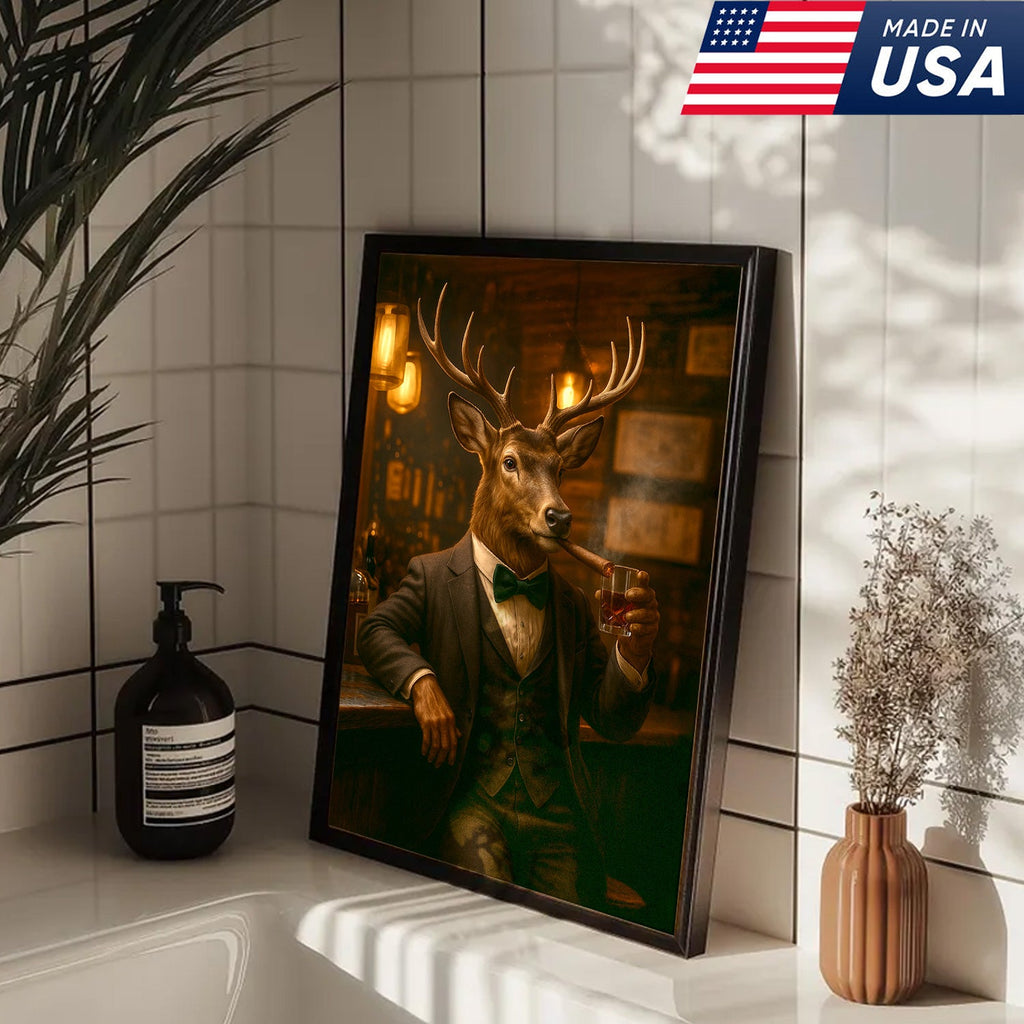 Deer Gentleman Wall Art – Classy Drinking & Smoking Canvas for Bar, Lodge & Man Cave Decor