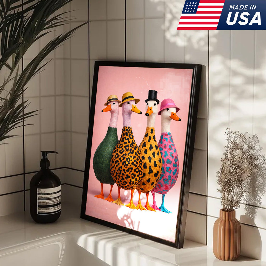 Funny Duck Canvas Wall Art – Colorful Ducks With Hats Painting