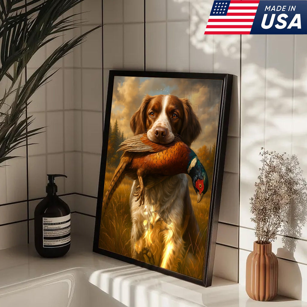 Upland Hunting Dog Canvas Wall Art – Brittany with Pheasant, Rustic Cabin Decor