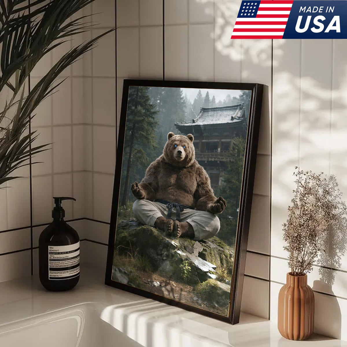 Zen Meditating Bear Canvas Wall Art, Martial Arts Bear in Forest Temple