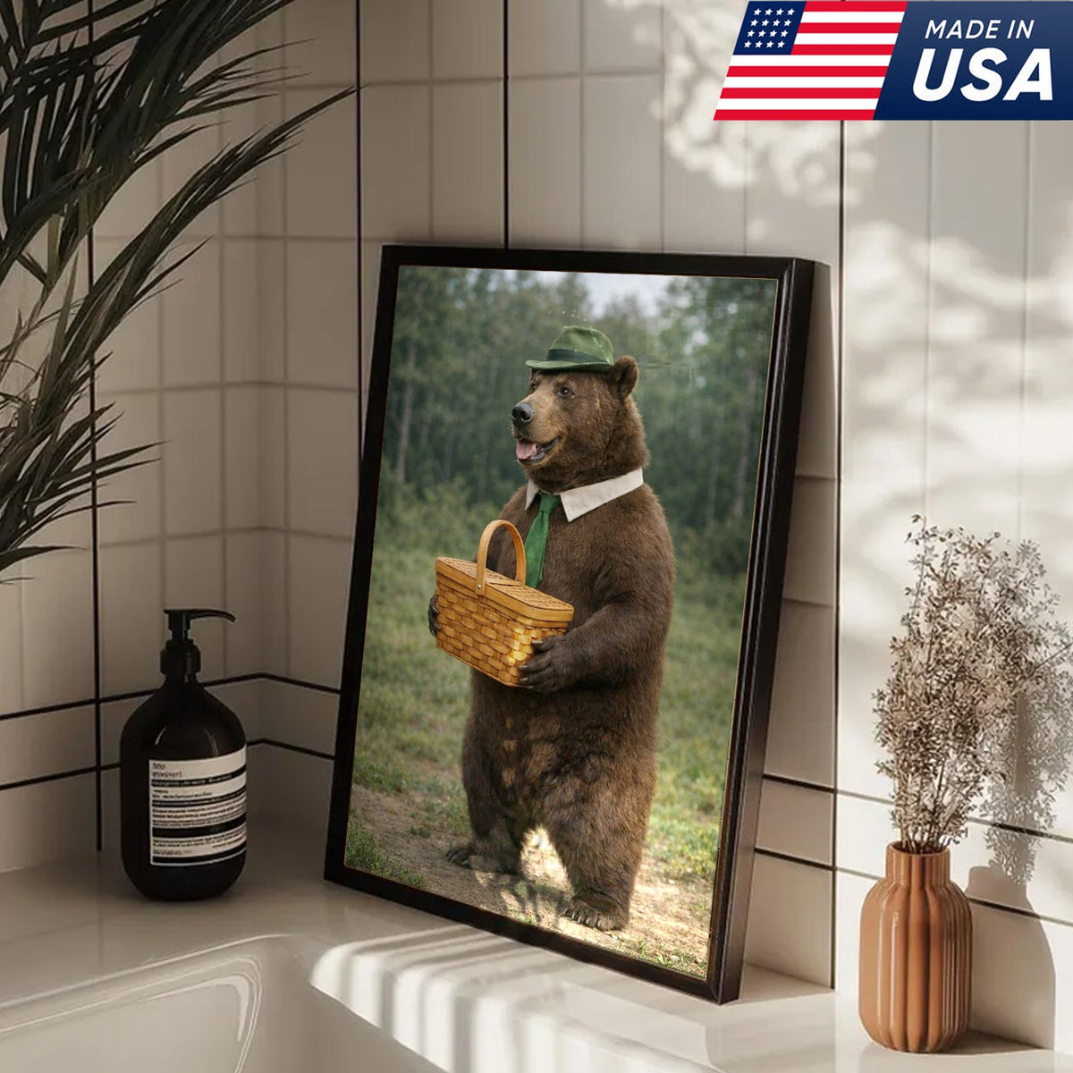 Funny Bear Picnic Canvas Wall Art – Realistic Forest Animal Print