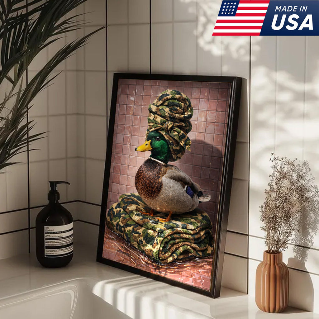 Funny Hunting Duck Bathroom Canvas – Camo Spa Duck Wall Art