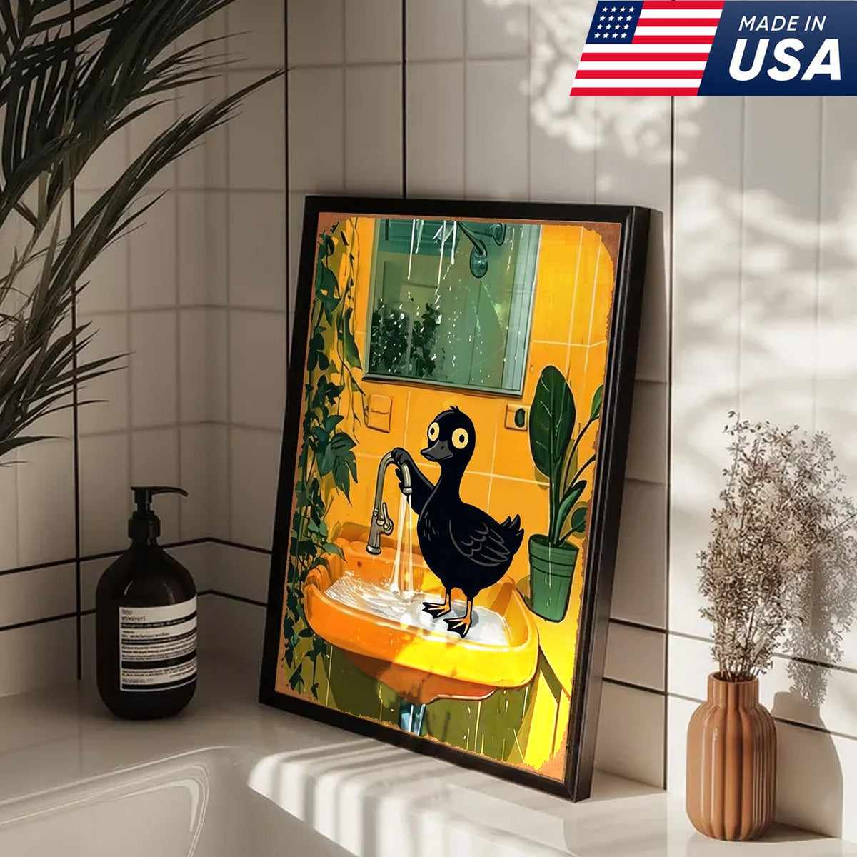 Funny Black Duck Bathroom Canvas Wall Art – Whimsical Bird in Sink Illustration