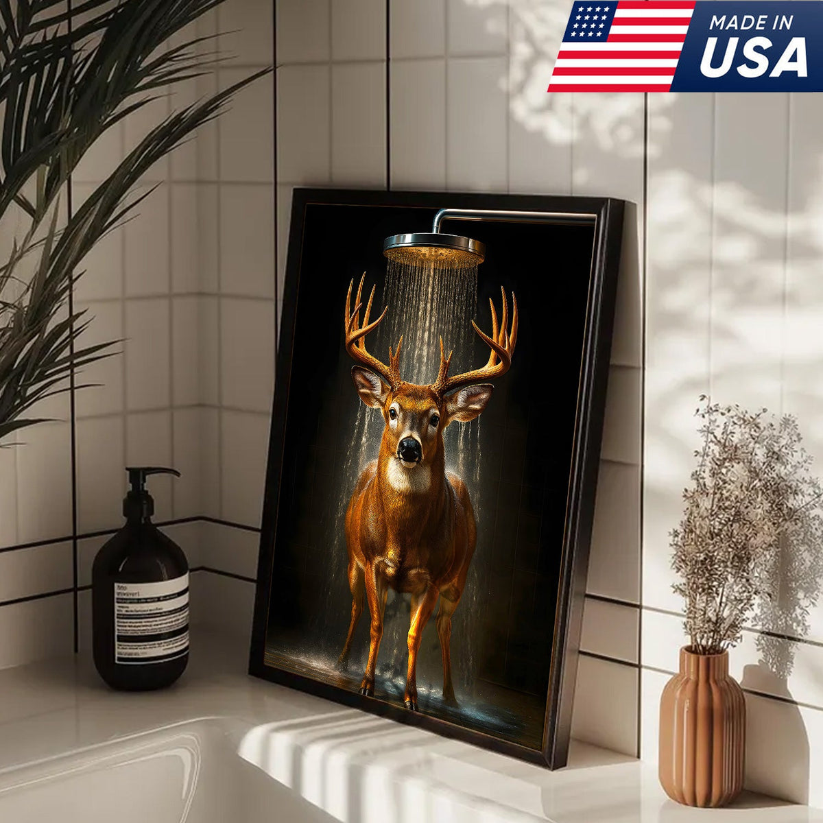 Funny Deer Shower Canvas Wall Art, Whimsical Buck Bathroom Decor