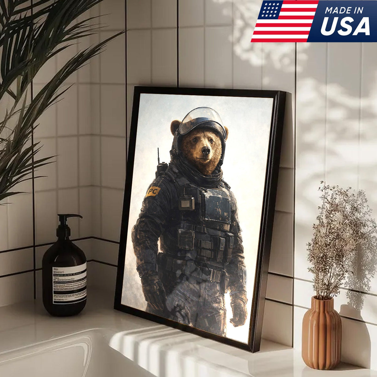 Tactical Bear Soldier Canvas Wall Art – Realistic Military Animal Print
