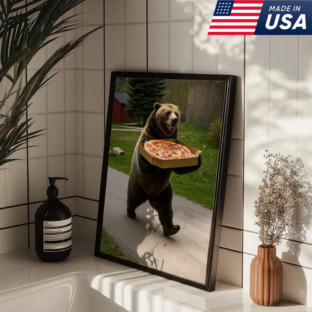 Funny Bear Pizza Canvas Wall Art, Humorous Kitchen Foodie Decor Print