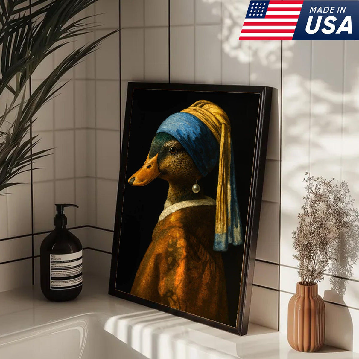 Duck with Pearl Earring Portrait Canvas, Funny Parody Duck Wall Art