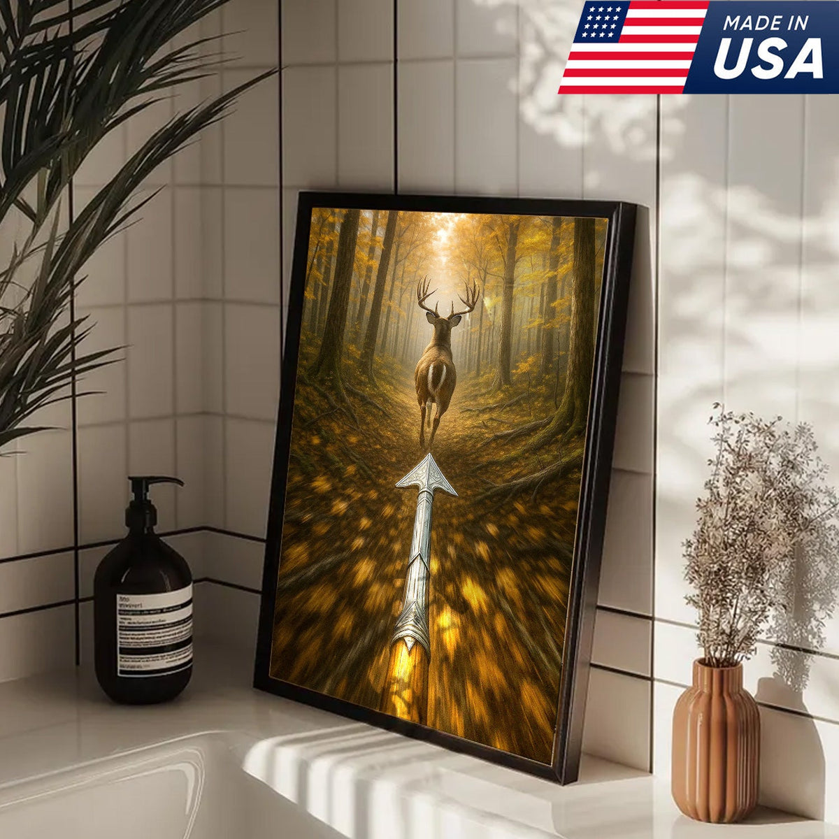 Deer Bow Hunting Canvas Wall Art, Arrowhead Forest Scene Artwork, Rustic Cabin Decor for Hunters