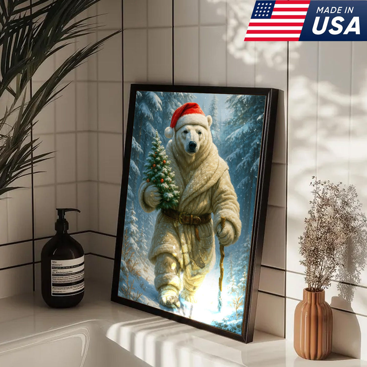 Polar Bear Santa Christmas Canvas – Funny Holiday Wall Art Gift for Hunters & Animal Lovers