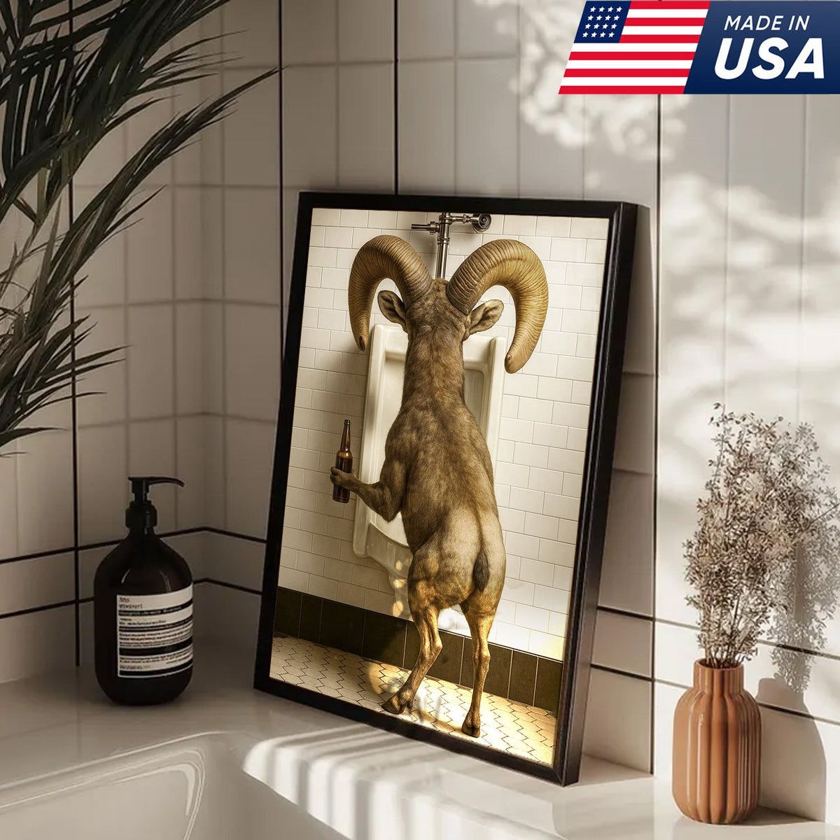 Humorous Big Horn Sheep Canvas Wall Art - Rustic Lodge Bathroom Decor for Cabin and Farmhouse