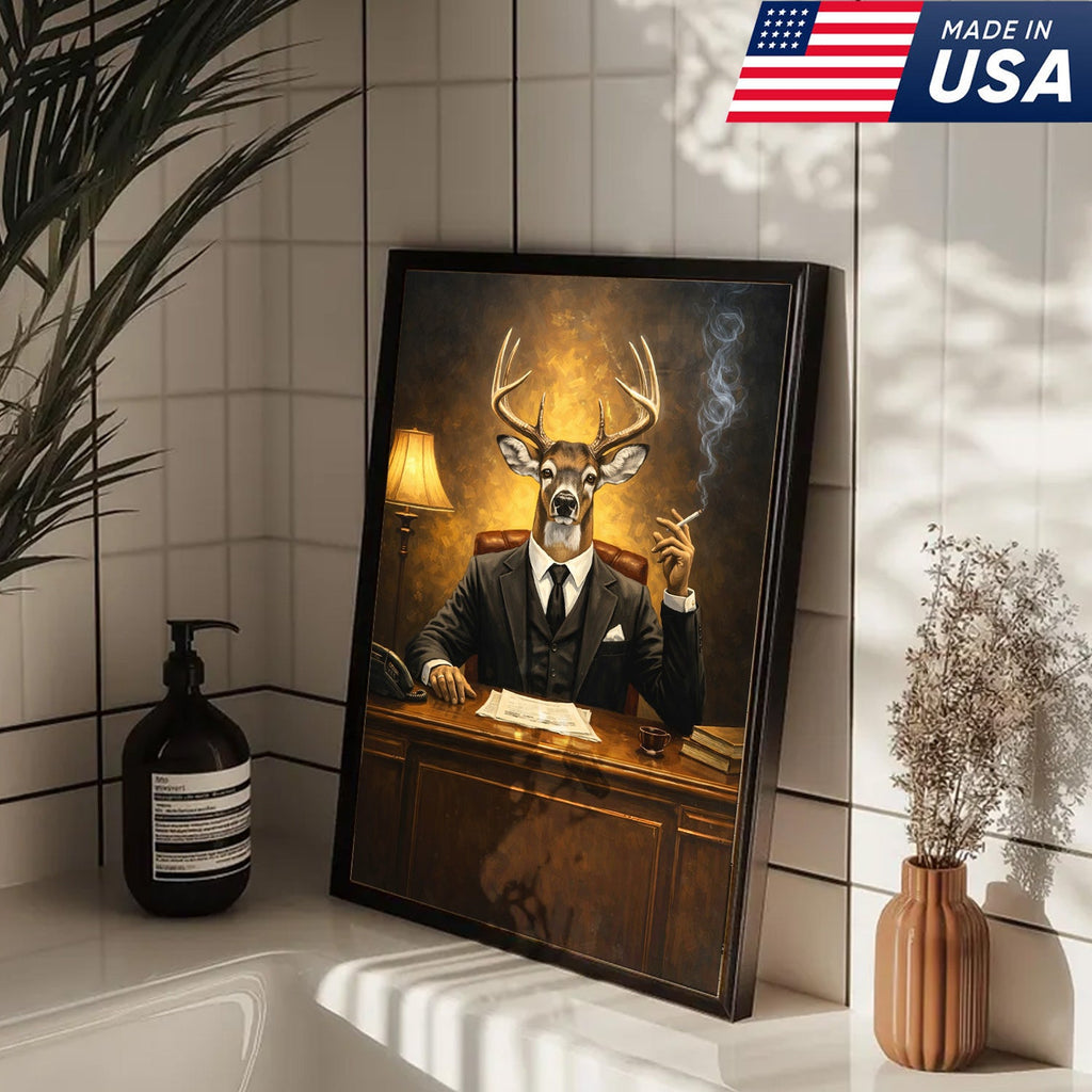 Anthropomorphic Deer Businessman Canvas Wall Art, Surreal Animal Portrait Artwork