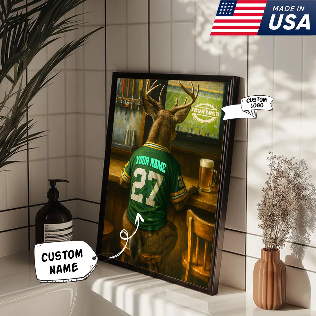 Custom Deer Football Canvas Wall Art – Personalized Deer Watching Sports Drinking Funny Sports Bar Decor