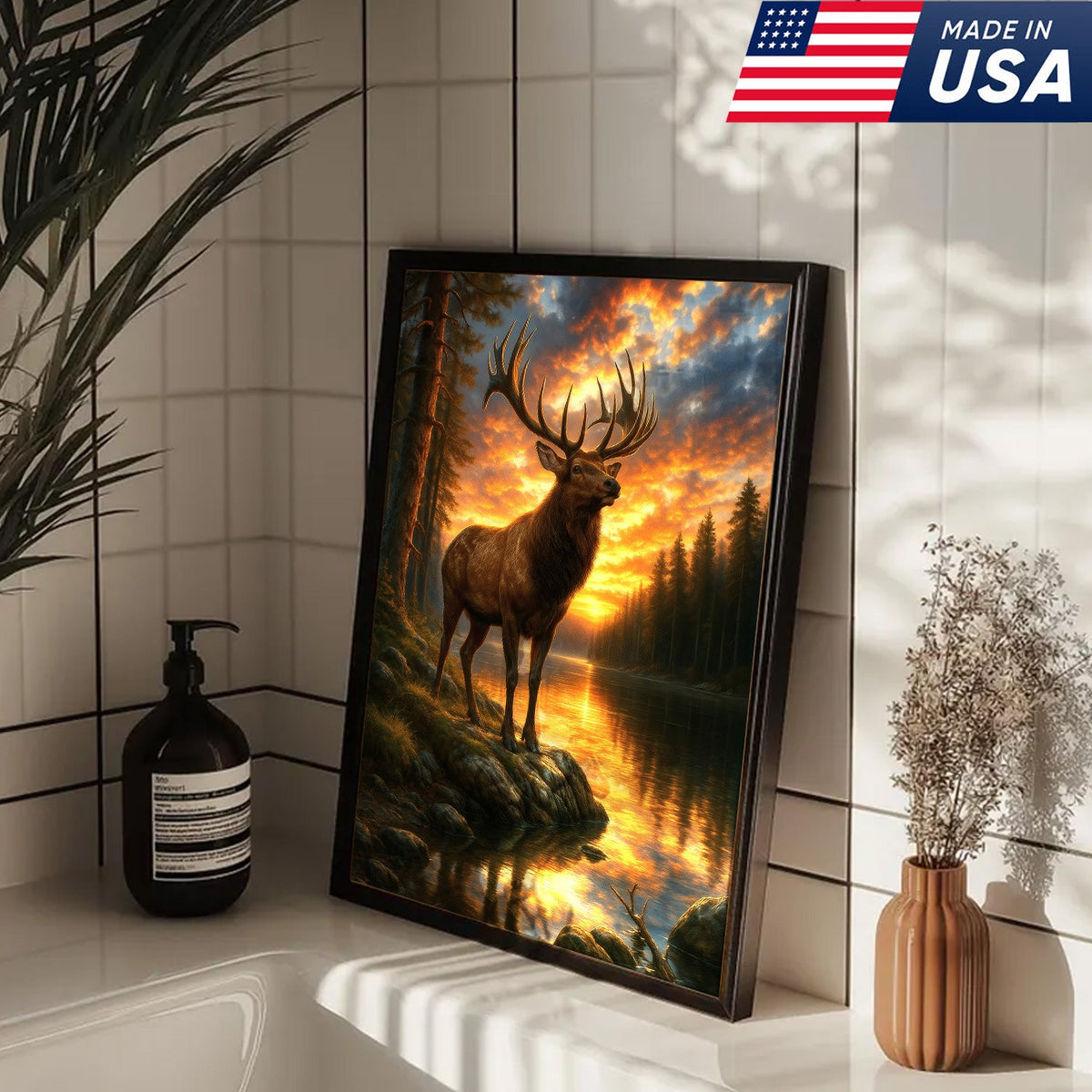 Majestic Elk at Sunset By The Lake Canvas– Wildlife Wall Art for Cabin, Lodge & Nature Lovers
