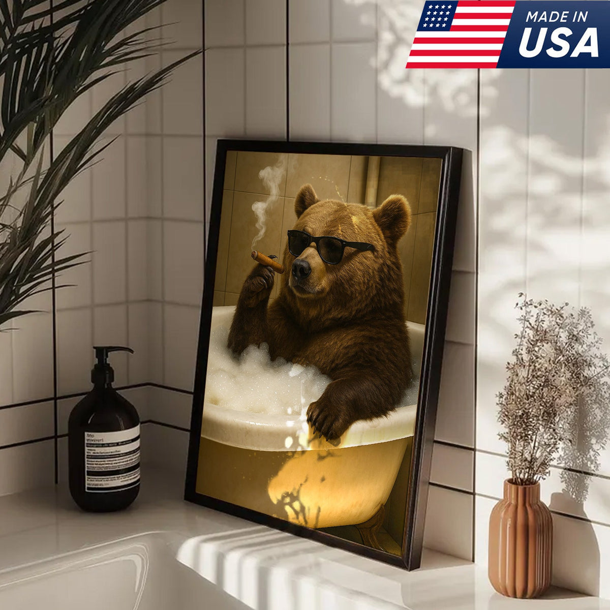 Cool Bear Canvas Wall Art – Funny Relaxing Bathtub Gift for Hunters & Outdoorsmen
