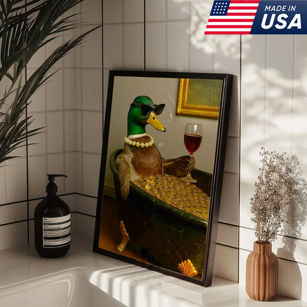 Luxury Duck Canvas Art – Funny Rich Duck in Gold Bathtub, Glam Animal Portrait Wall Decor