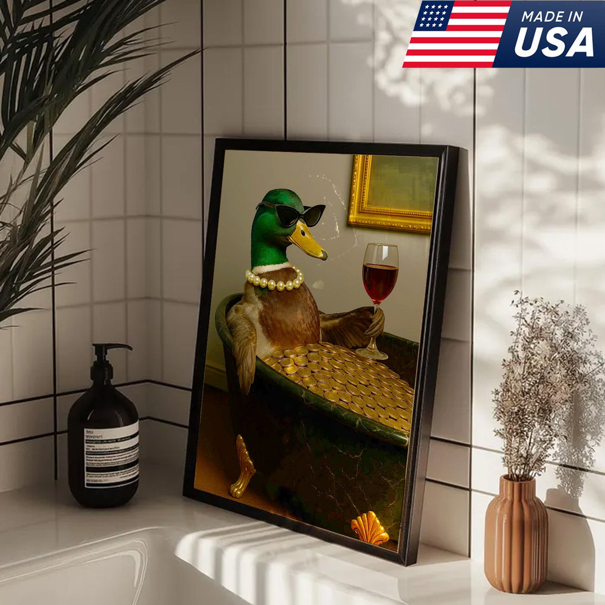 Luxury Duck Canvas Art – Funny Rich Duck in Gold Bathtub, Glam Animal Portrait Wall Decor