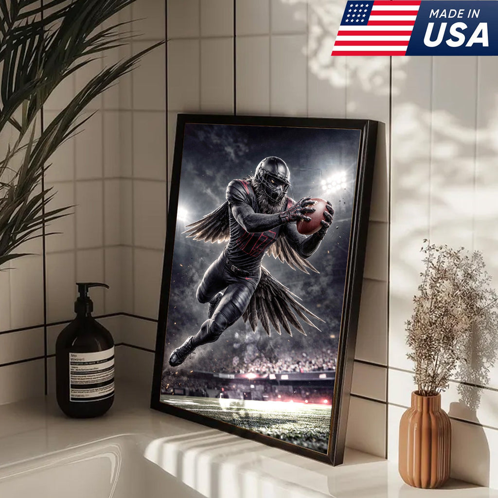 Dark Raven Football Canvas Wall Art – Black Winged Athlete Stadium Action Print