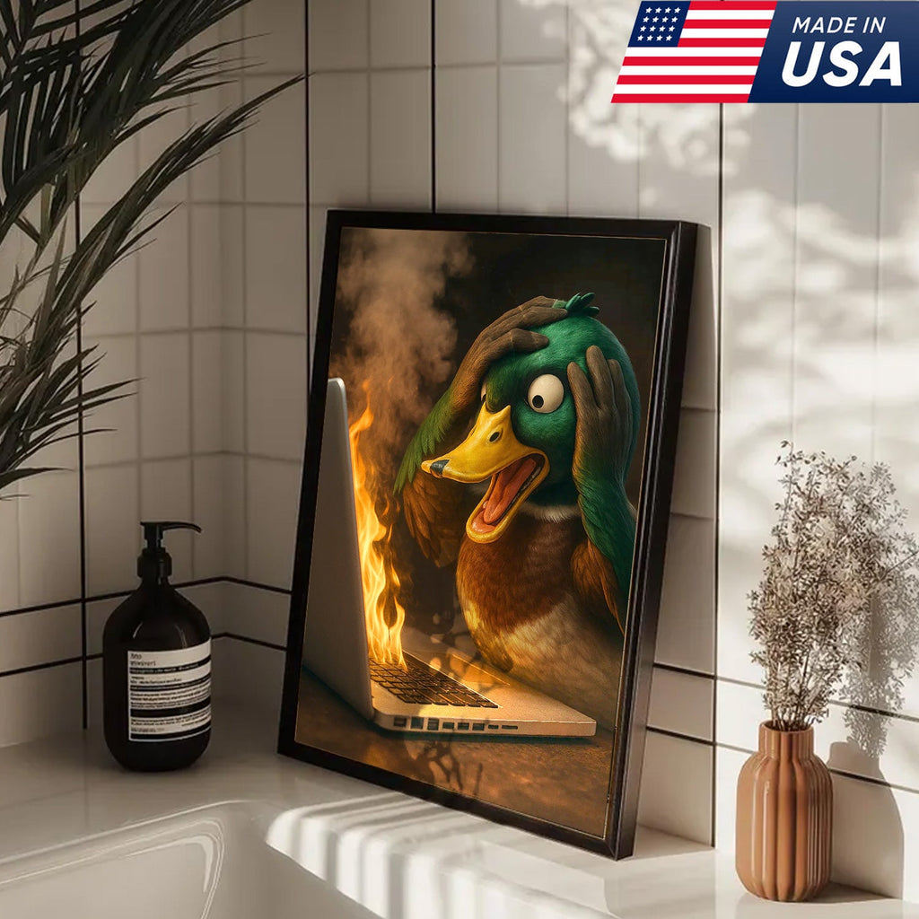 Funny Duck Screaming at Burning Laptop Canvas Wall Art, Hilarious Tech Fail Gift
