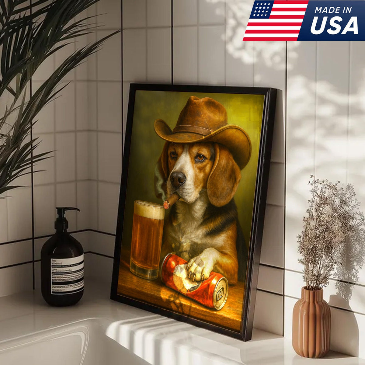 Funny Cowboy Dog Canvas Wall Art - Rustic Bar Wall Art Gift for Hunters, Outdoorsmen & Man Caves